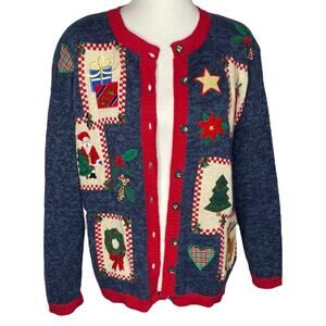 Vintage Ugly Christmas Sweater Blue Patchwork Embroidered Santa Cardigan Medium